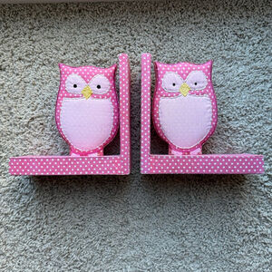 Pink Fabric Owl Bookends - Nursery Girl Room Shelf Decor